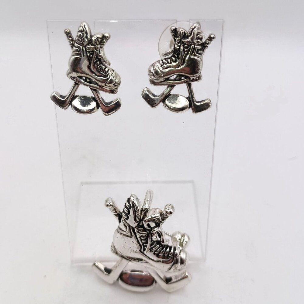 Hockey Skates Necklace Pendant Pin Brooch Set Hockey Mom Jewelry Ice Skates